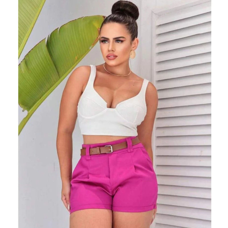 Short Feminino Alfaiataria Social com Cinto Cintura Alta PROMOÇÃO