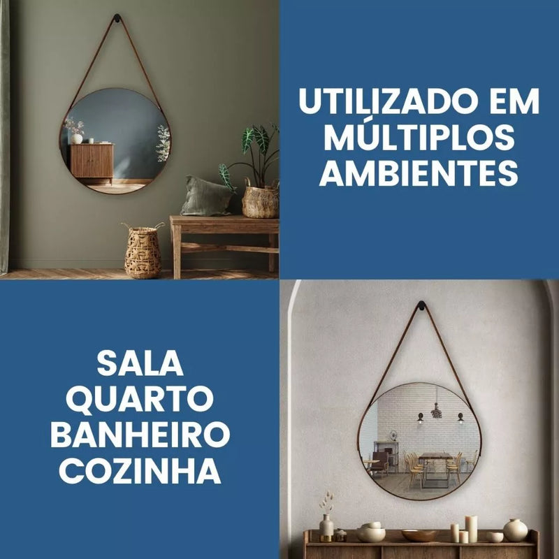 Espelho Redondo 30cm Com Alça + Suporte e Pendurador Ideal Para Sala / Banheiro / Quarto