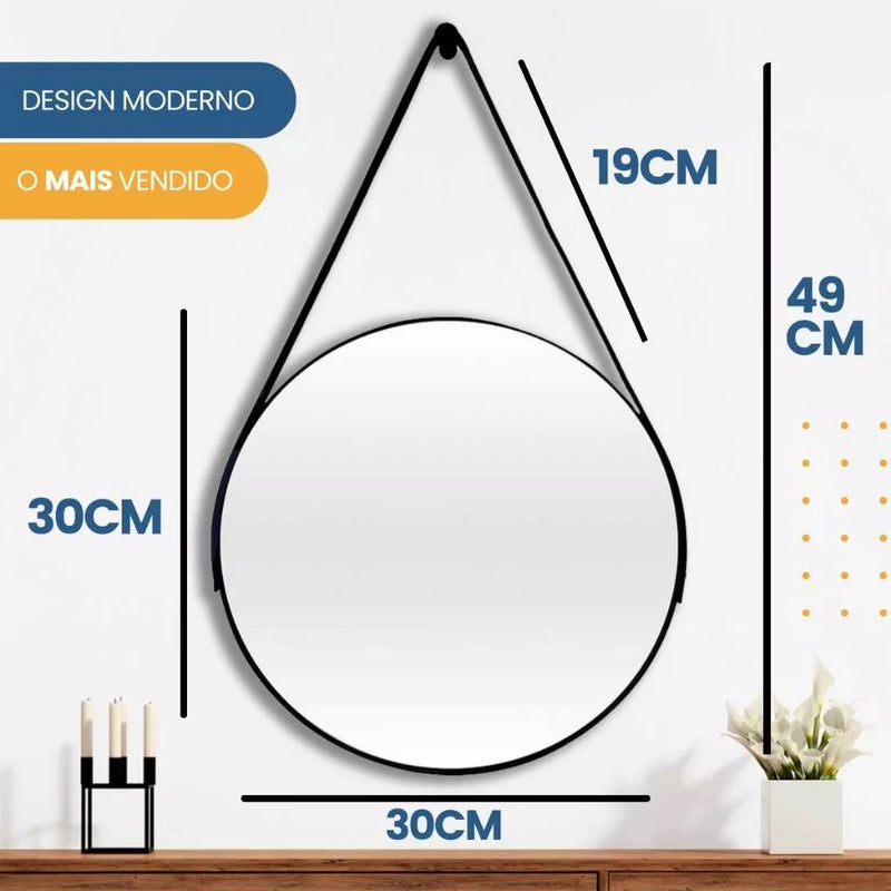 Espelho Redondo 30cm Com Alça + Suporte e Pendurador Ideal Para Sala / Banheiro / Quarto