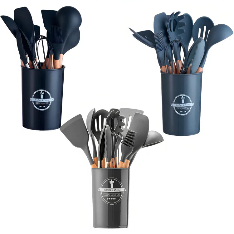 Jogo de Cozinha Silicone, Utensílios Suporte para Cozinheiro Cabo de Madeira MasterChef