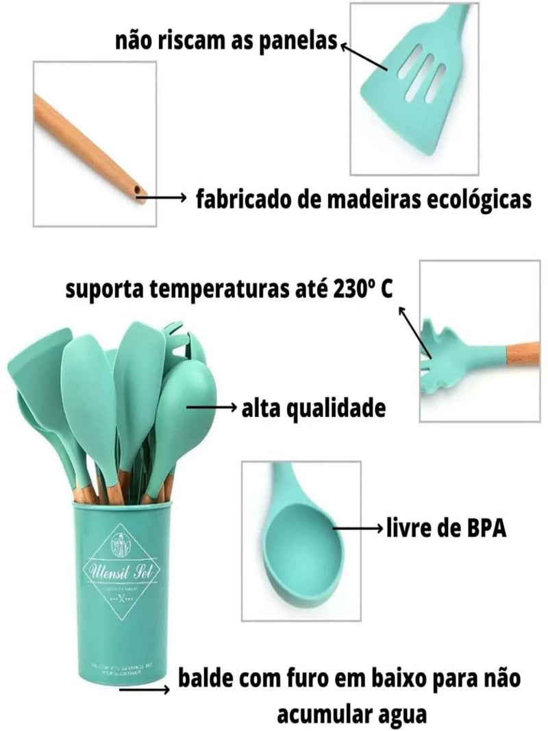 Jogo de Cozinha Silicone, Utensílios Suporte para Cozinheiro Cabo de Madeira MasterChef