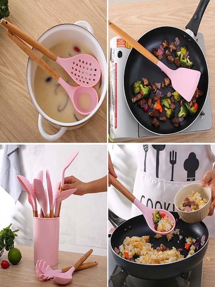 Jogo de Cozinha Silicone, Utensílios Suporte para Cozinheiro Cabo de Madeira MasterChef