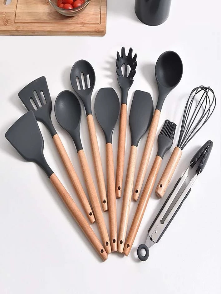 Jogo de Cozinha Silicone, Utensílios Suporte para Cozinheiro Cabo de Madeira MasterChef