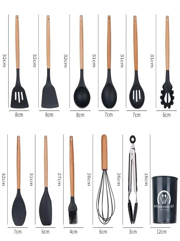 Jogo de Cozinha Silicone, Utensílios Suporte para Cozinheiro Cabo de Madeira MasterChef