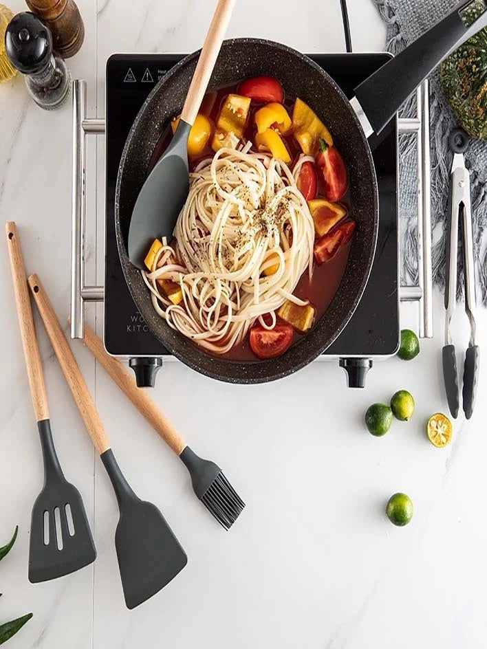 Jogo de Cozinha Silicone, Utensílios Suporte para Cozinheiro Cabo de Madeira MasterChef