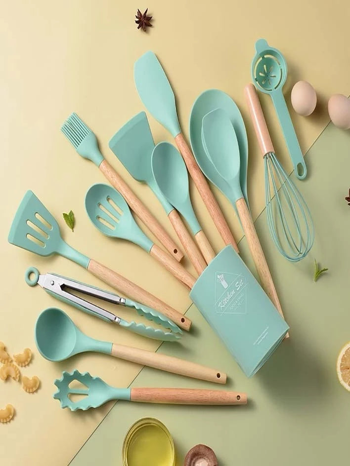 Jogo de Cozinha Silicone, Utensílios Suporte para Cozinheiro Cabo de Madeira MasterChef