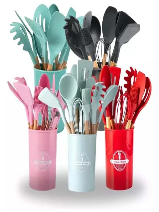 Jogo de Cozinha Silicone, Utensílios Suporte para Cozinheiro Cabo de Madeira MasterChef