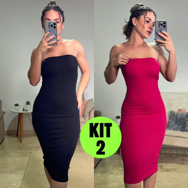 Kit 2 Vestidos Midi Canelado Confortável Macio