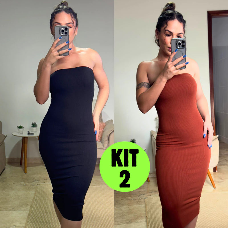 Kit 2 Vestidos Midi Canelado Confortável Macio