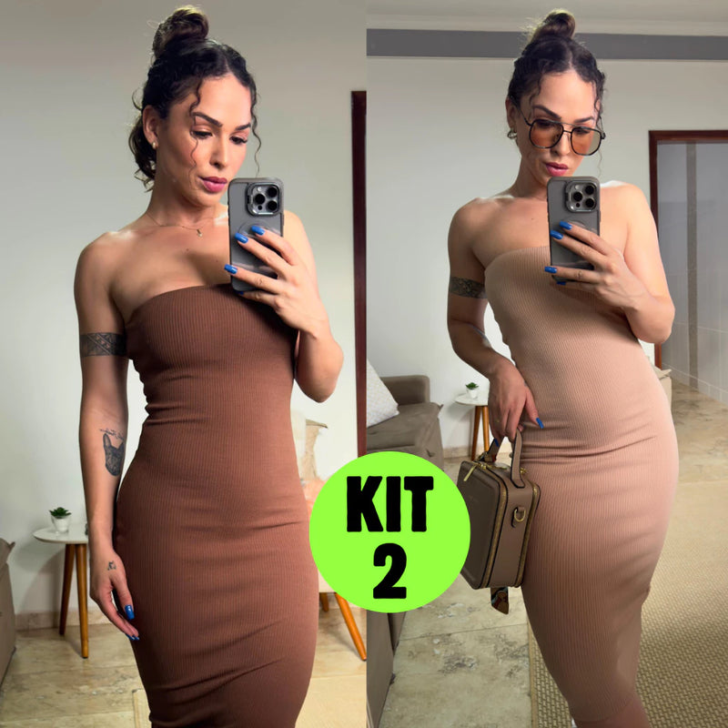 Kit 2 Vestidos Midi Canelado Confortável Macio