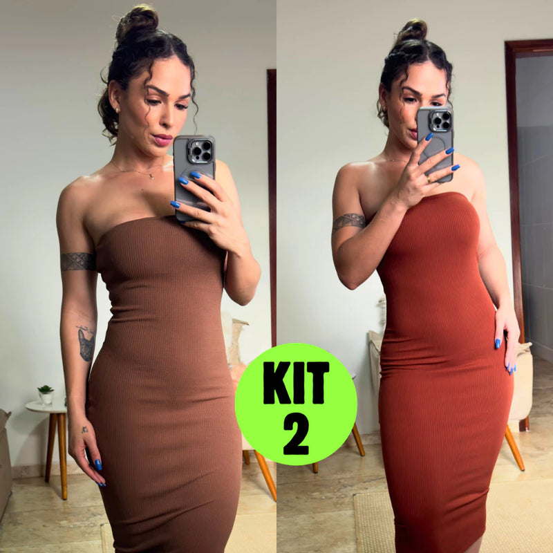 Kit 2 Vestidos Midi Canelado Confortável Macio