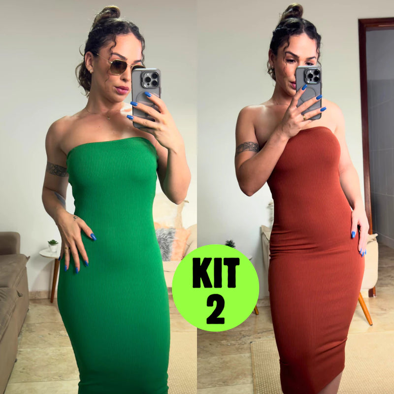 Kit 2 Vestidos Midi Canelado Confortável Macio